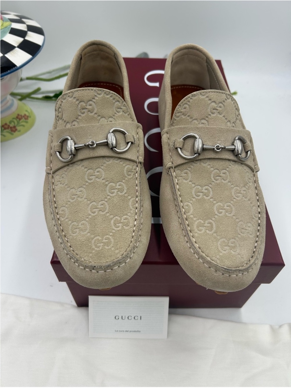 Men’s Gucci suede oatmeal GG embossed driver loafer size 8 fits nine US - Picture 3 of 10